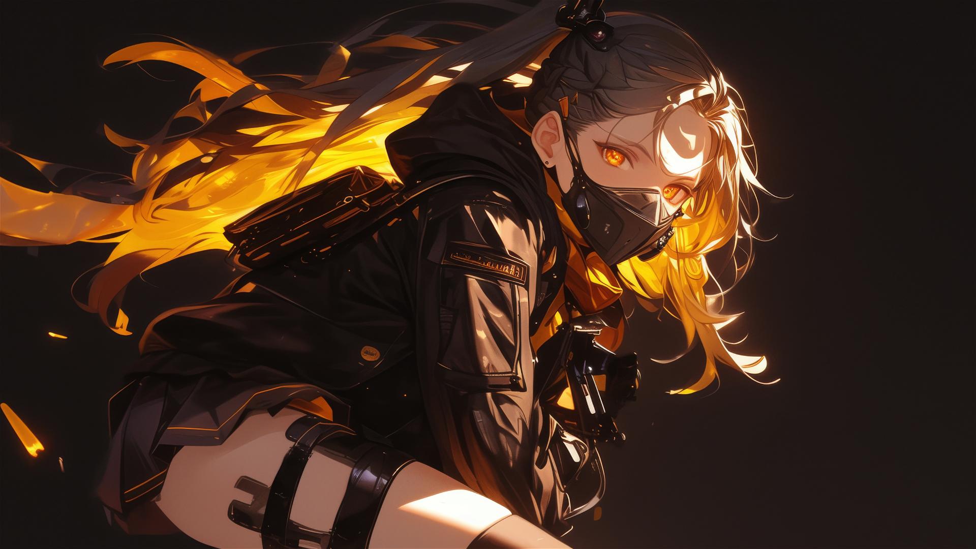 Tactical school girl with thigh focus and dark mask