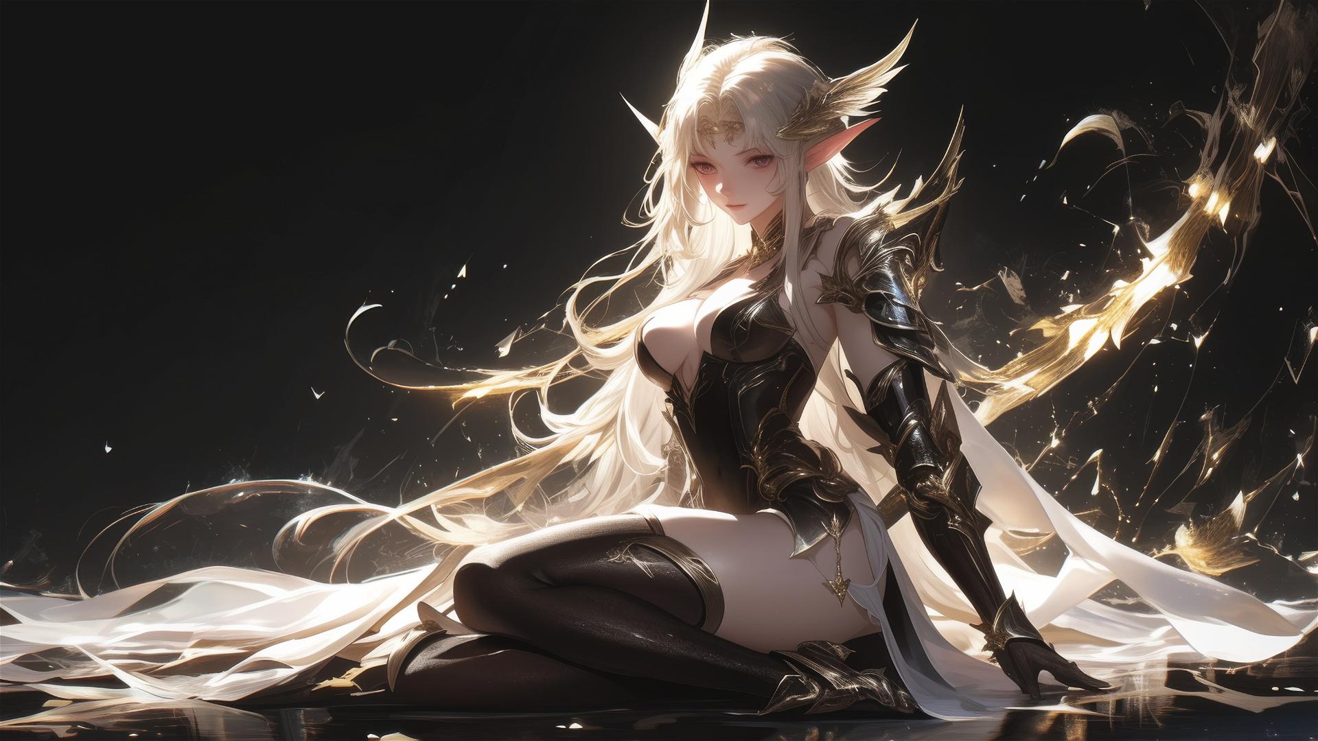 Fantasy Elf girl in dynamic pose with spotlight effect on dark background