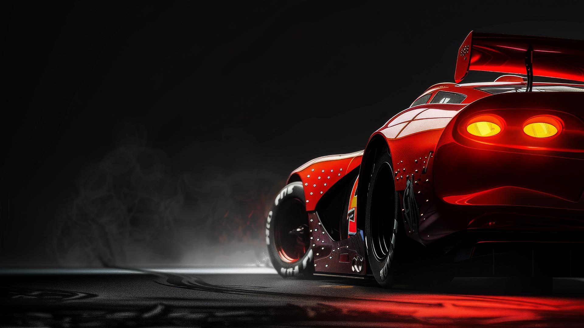 Lightning McQueen in Pixar style with a dark background and spotlight effect