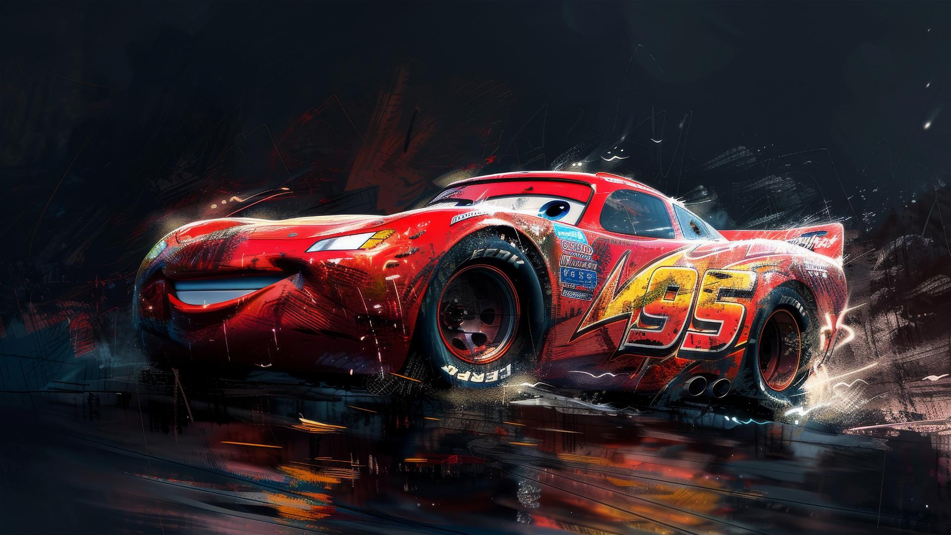 Lightning McQueen drawn in Pixar style with a Harry Potter theme on a dark background in 3/4 view under a spotlight
