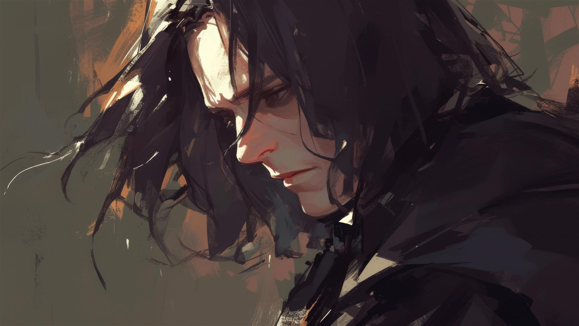Artistic drawing of Severus Snape from Harry Potter on dark background with spotlight effect.