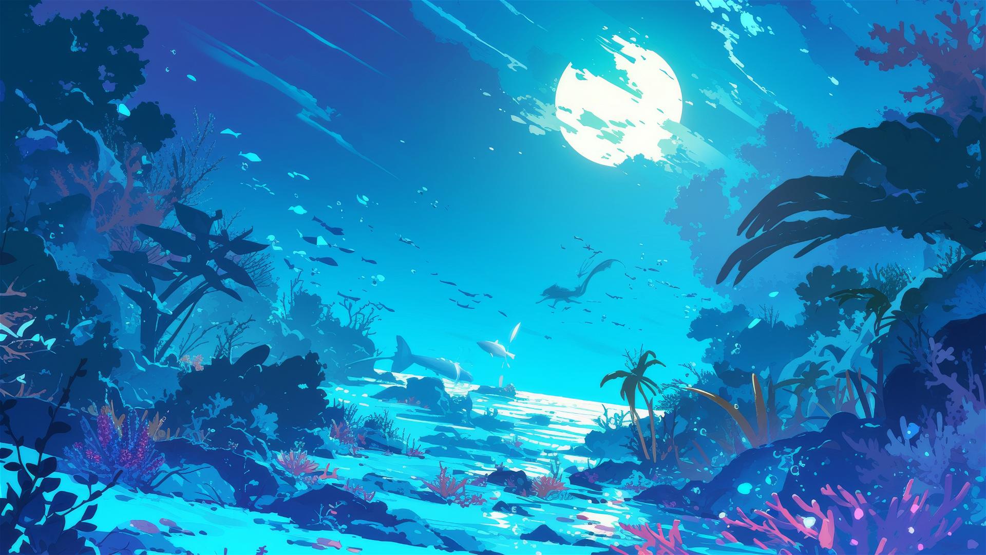 Moonlit coral reef with marine life and light rays underwater