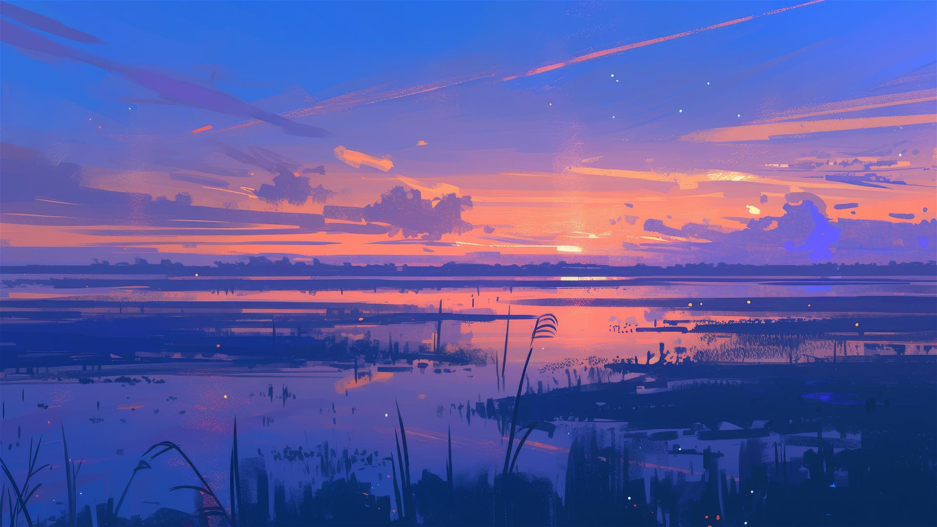 Tranquil marsh at sunset with orange and pink sky, still water reflecting calmness