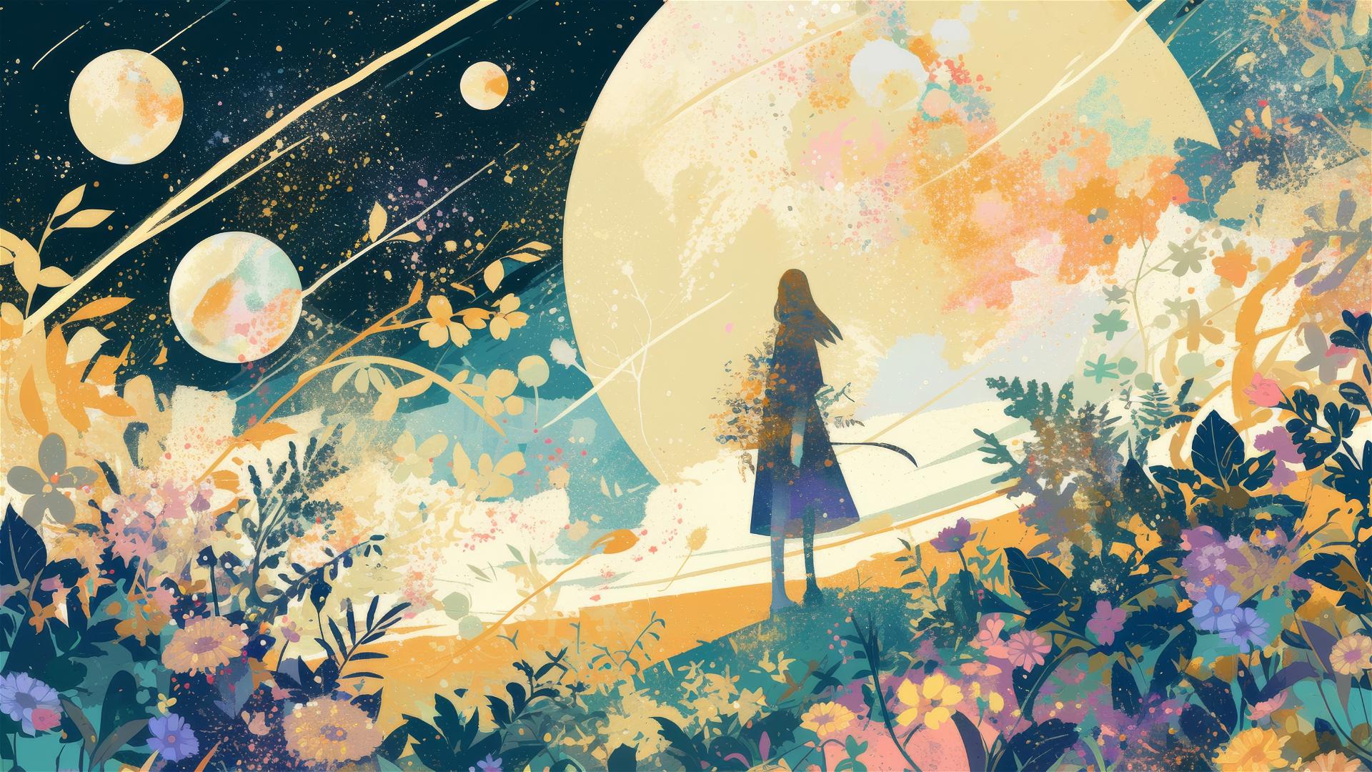 Radiant celestial garden blooming with comet-like flowers
