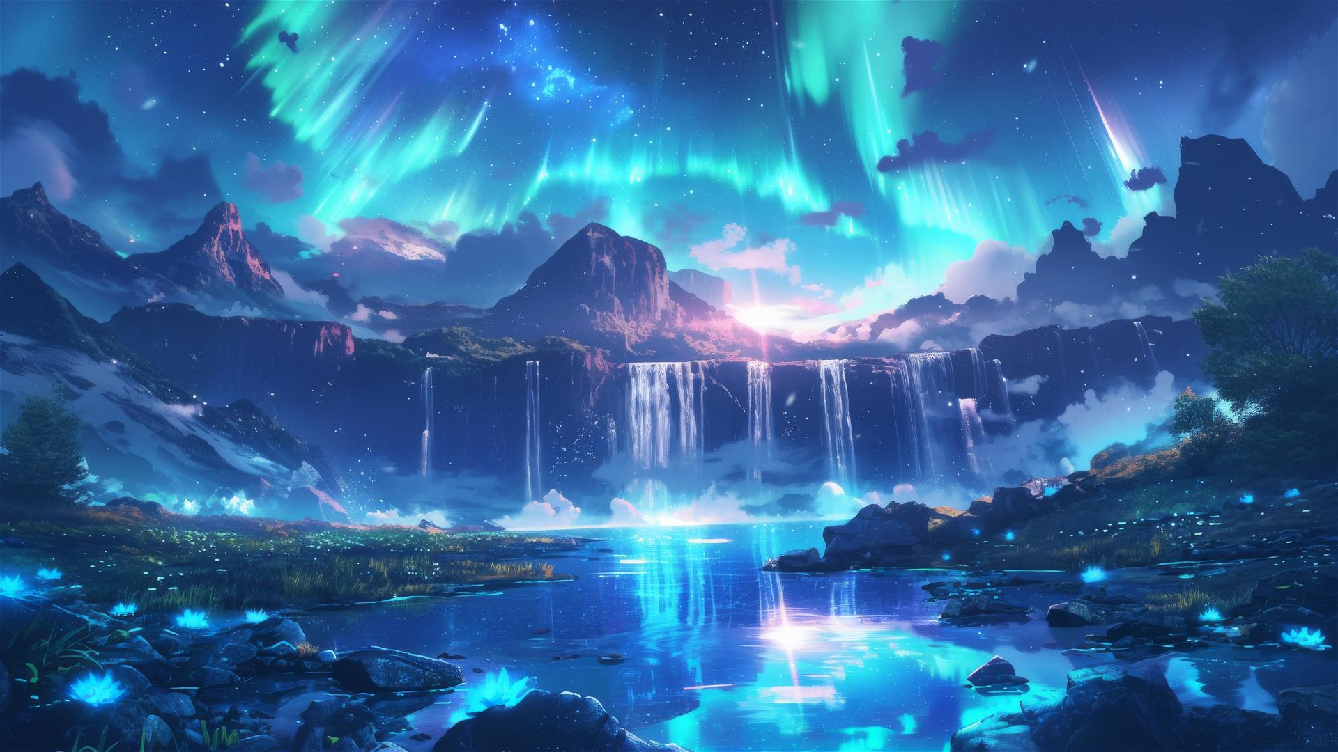 Auroral waterfall reflecting northern lights in a colorful cascade