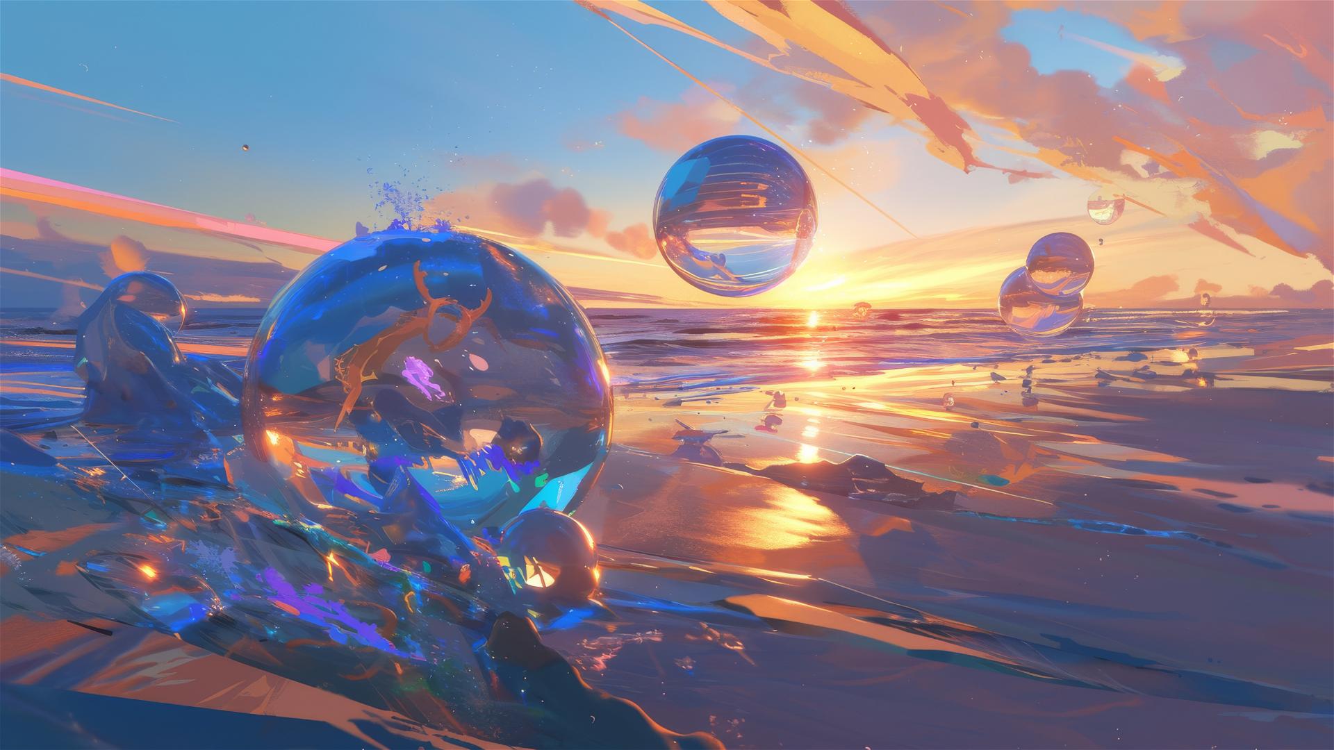 Holographic rain crafting 3D ocean creatures at dusk on a deserted beach