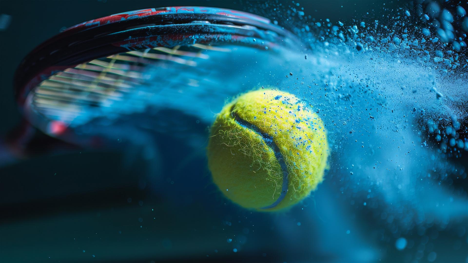 Macro shot of yellow tennis ball impacting racket with blue powder explosion