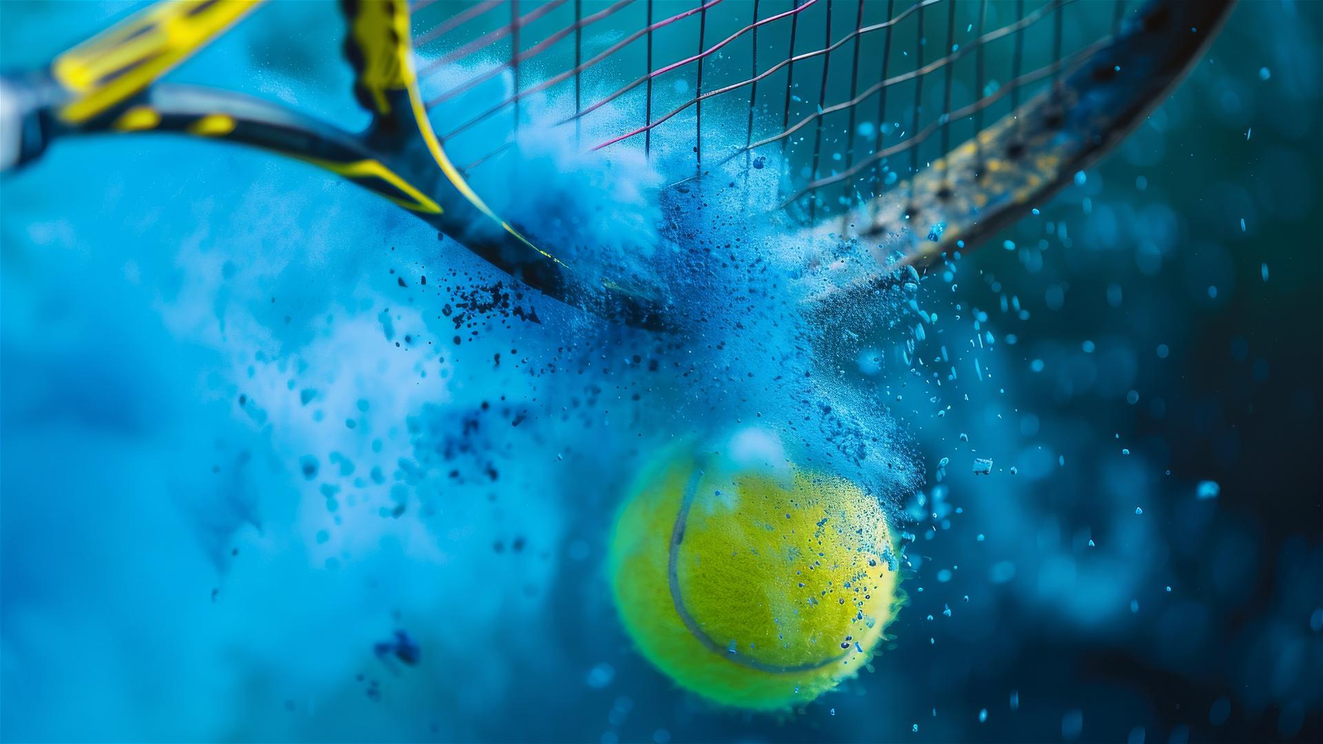 Close-up of yellow tennis ball against racket with blue powder splash