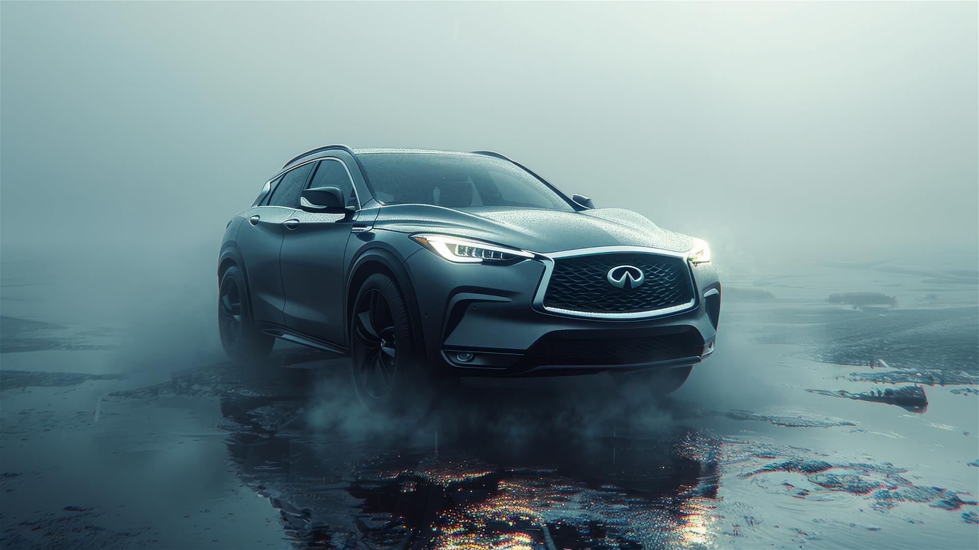 Infiniti QX30 under dim lighting in a gothic, gloomy, foggy setting, photorealistic closeup