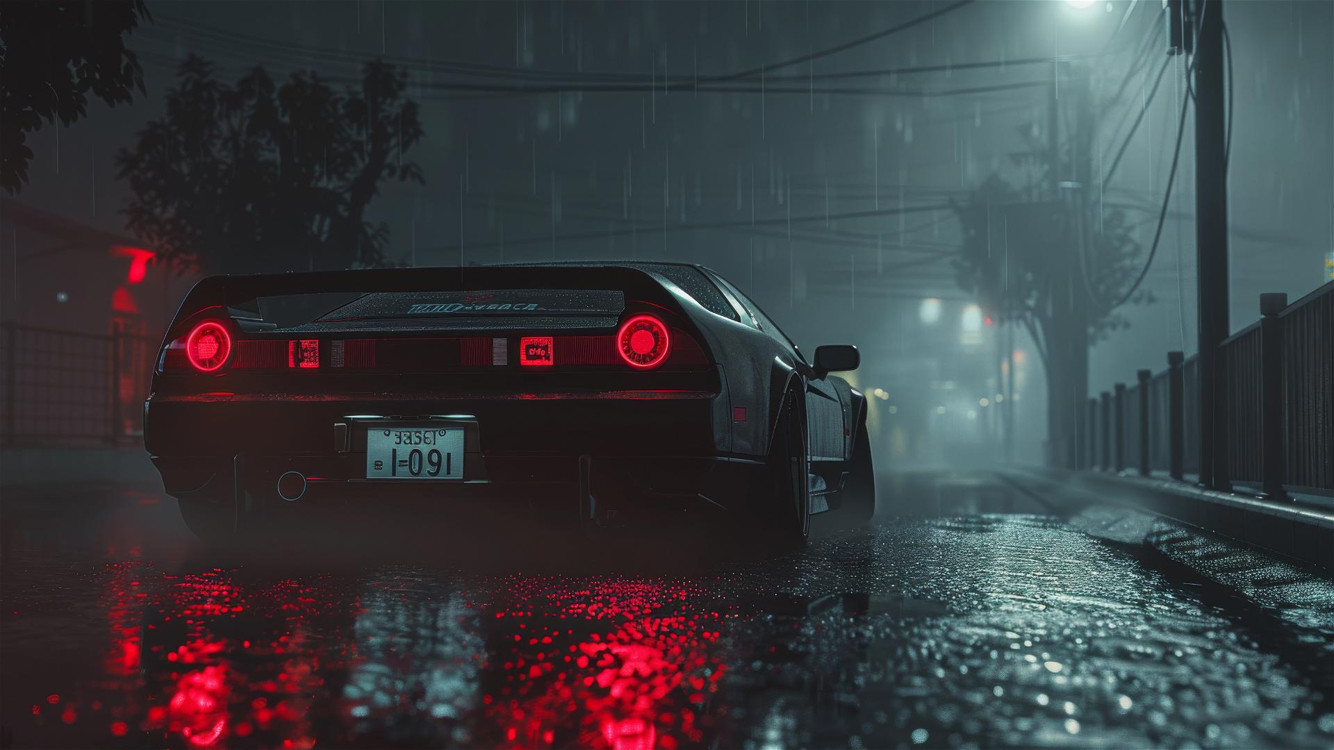 Close-up of a Honda NSX in dim, foggy Gothic lighting
