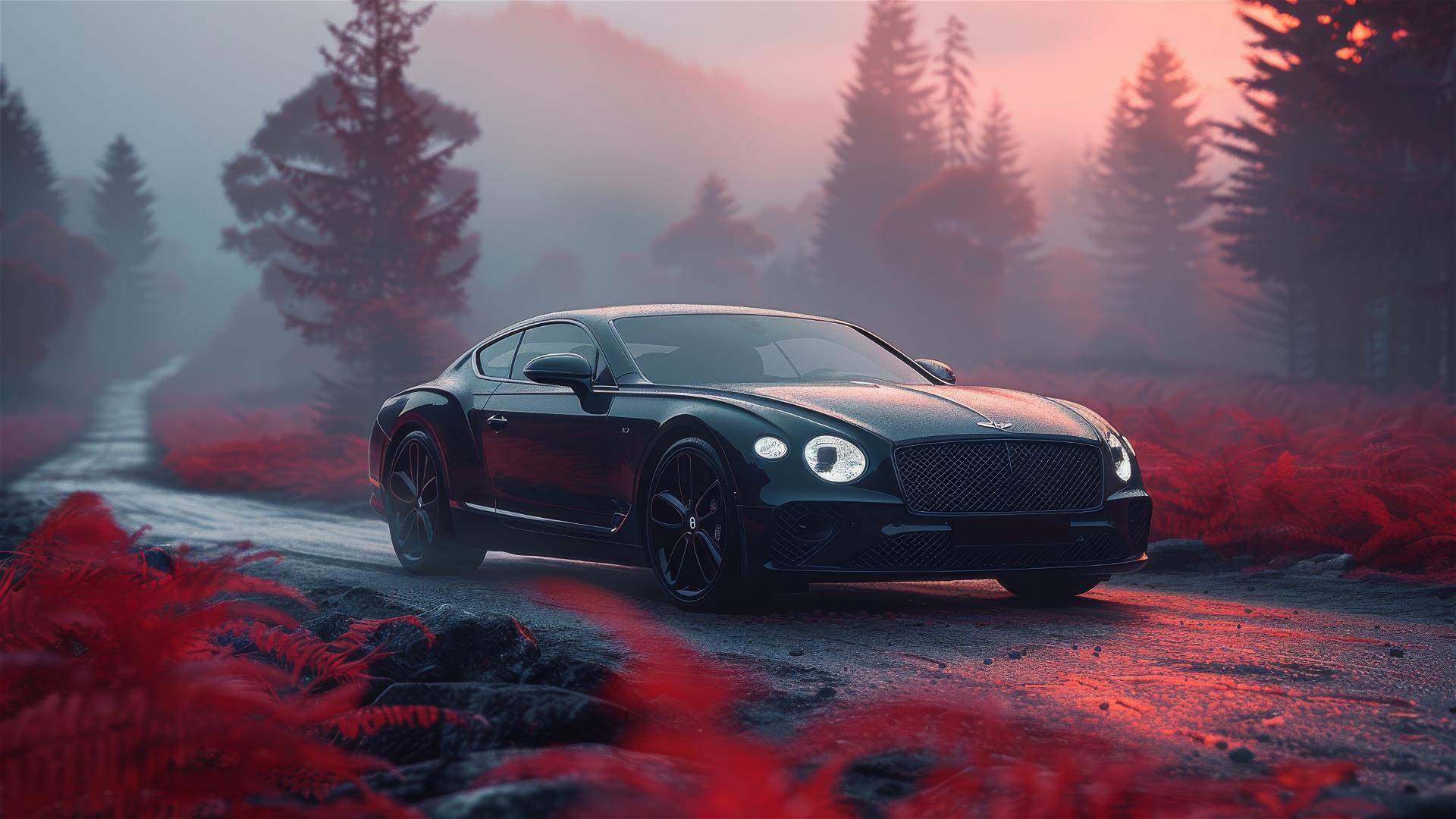Bentley Continental GT in dim gothic setting with fog