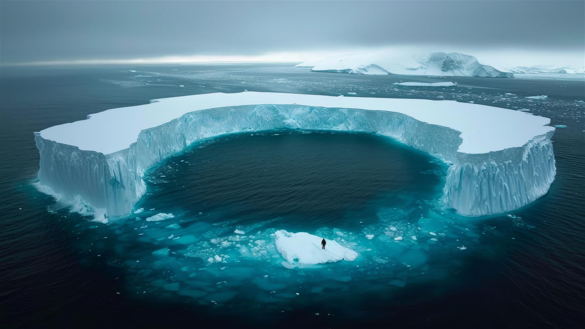 Overhead view of unknown parts of Antarctica with a solitary dark figure on the ground