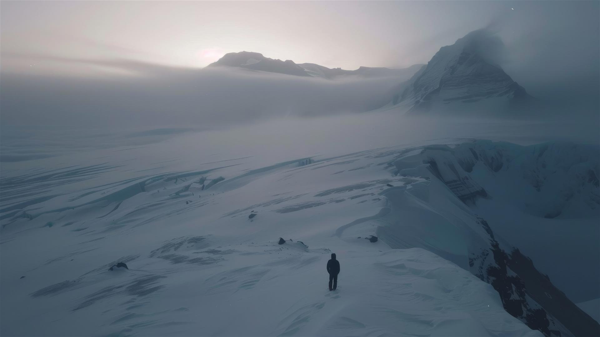 Dark figure in a still, lonely Antarctica viewed from above