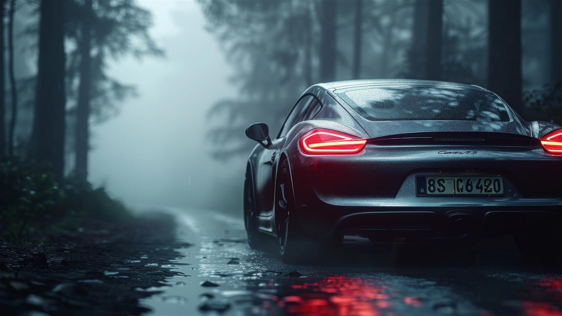 Porsche Cayman with dim gothic lighting in fog, closeup view