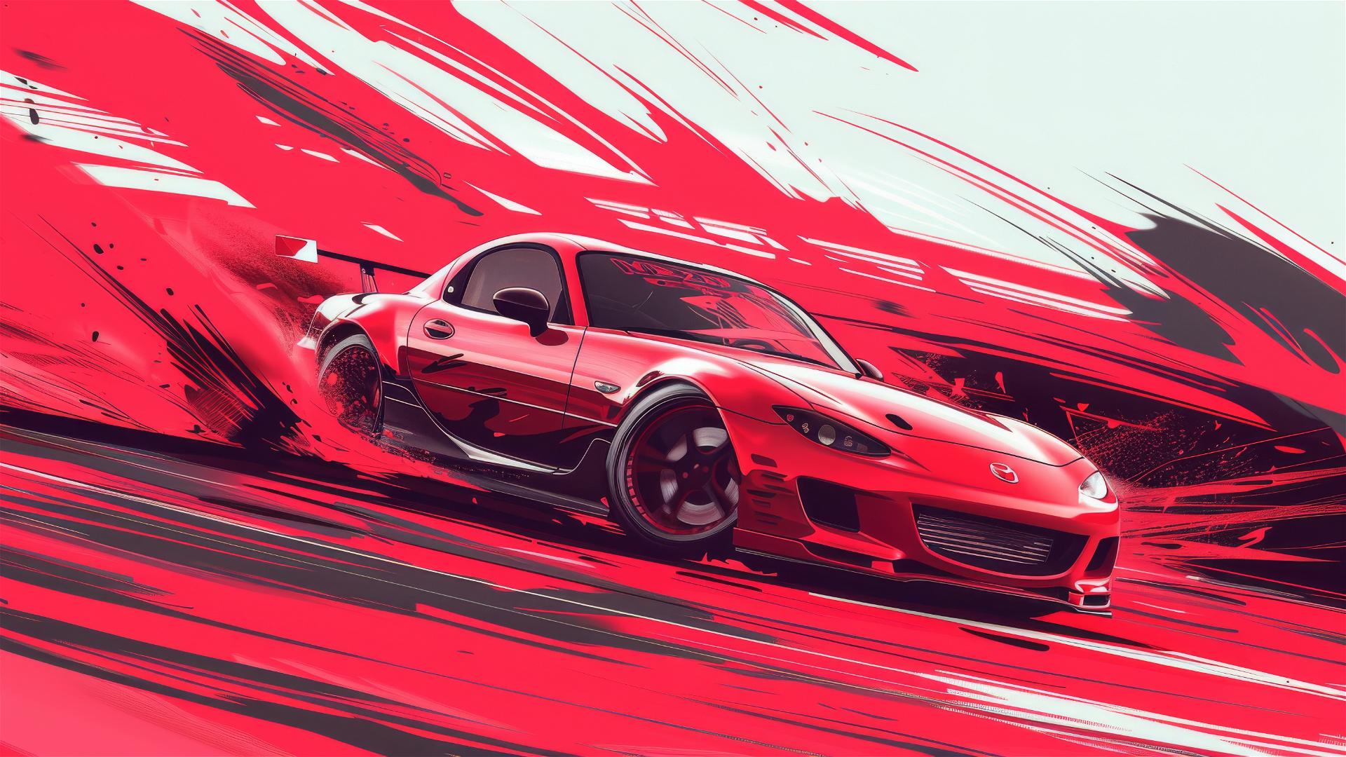 Red Mazda FD in manga style drift scene with crisp lines