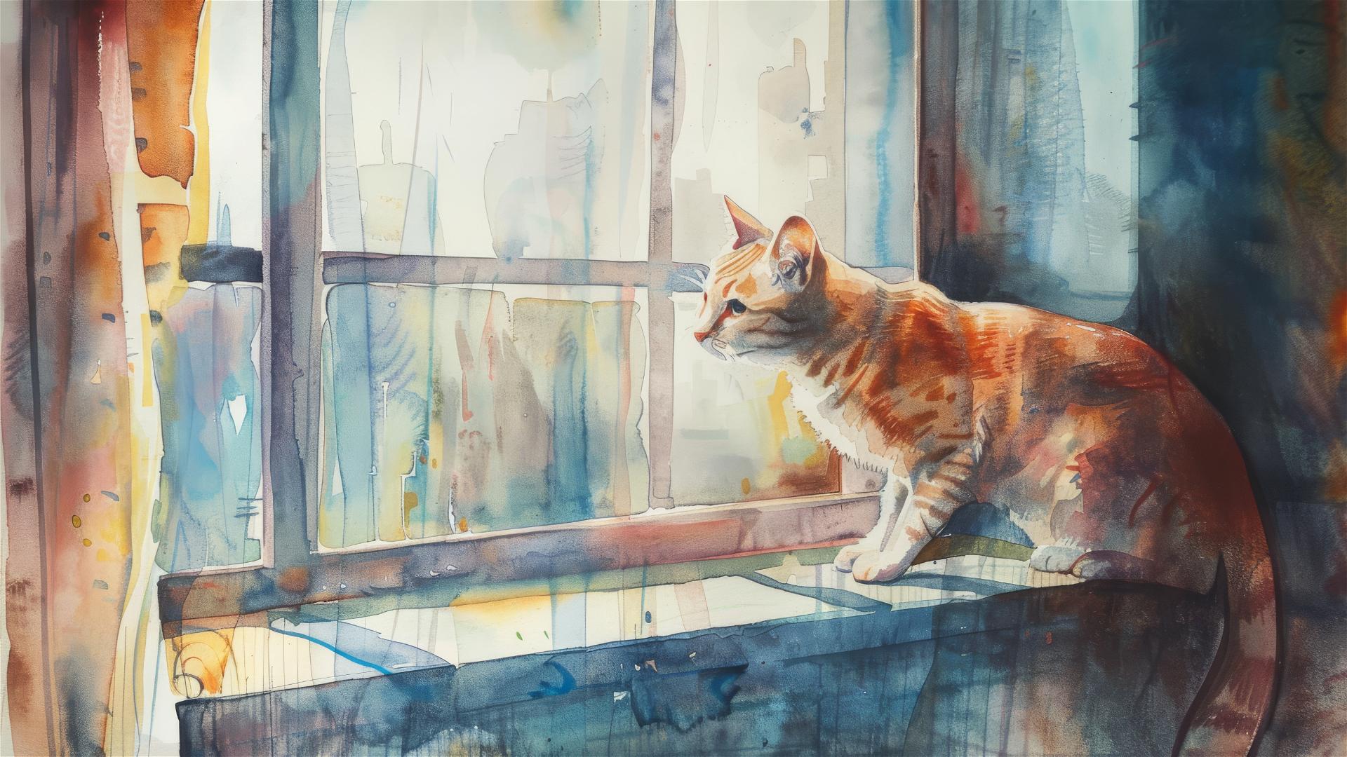 Cat climbing curtains with city landscape view, watercolor art
