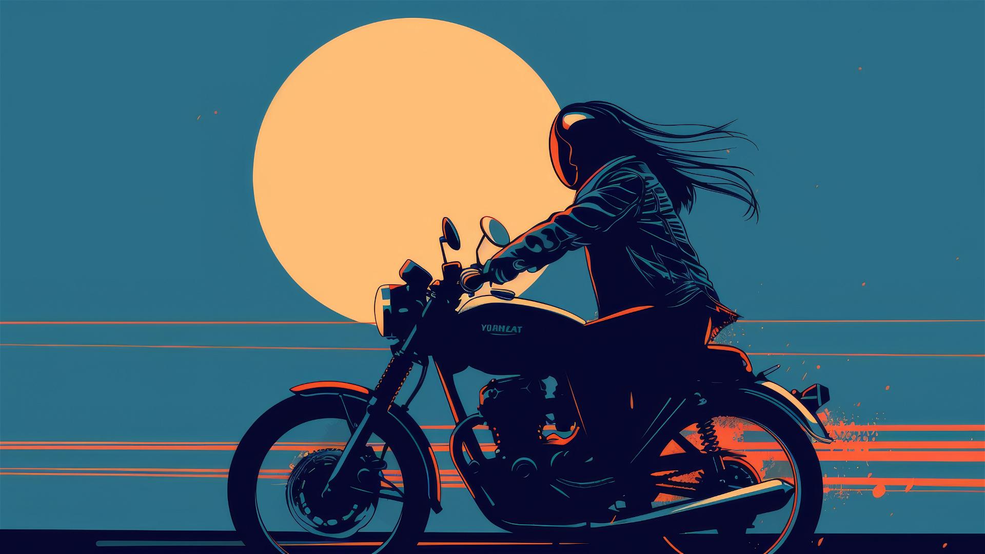 Minimalist pixel art of girl riding motorcycle