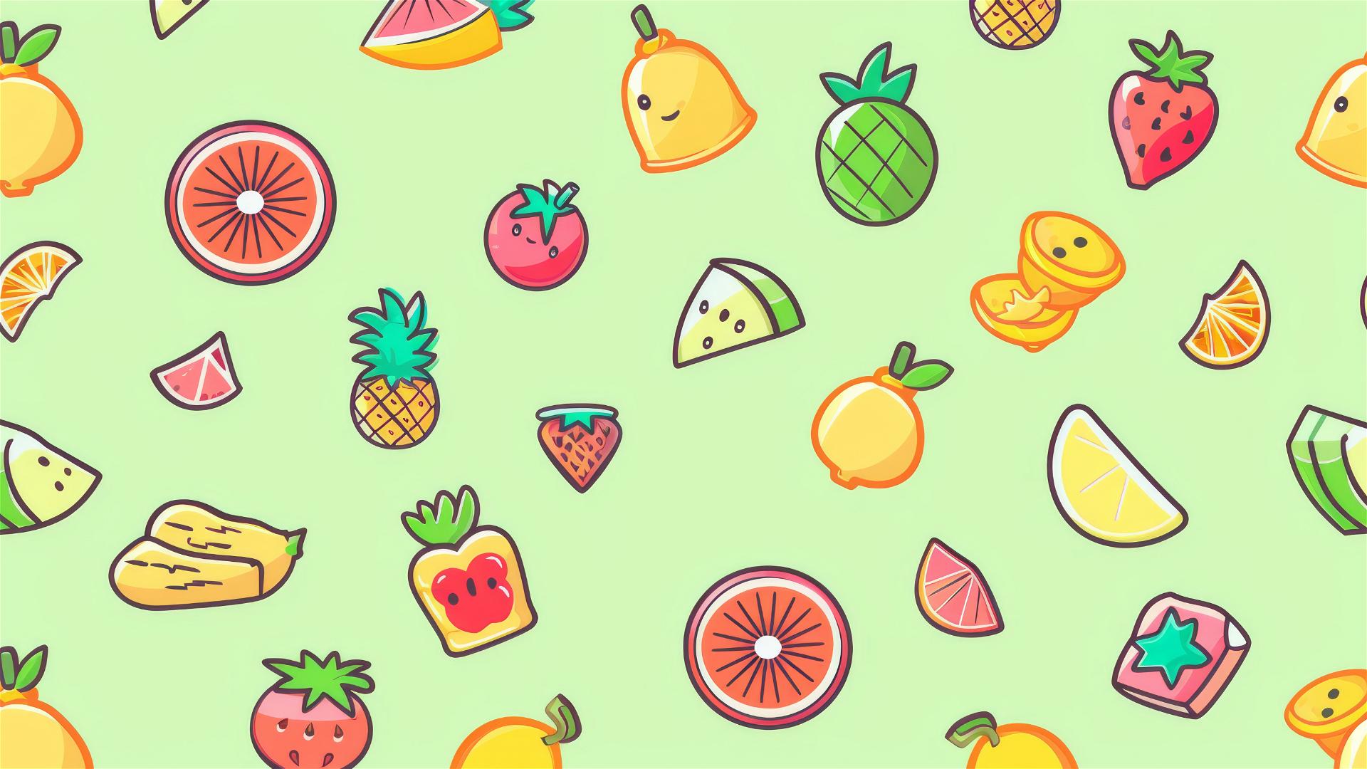 repeating cute small icons on a vivid light green background with a summer theme