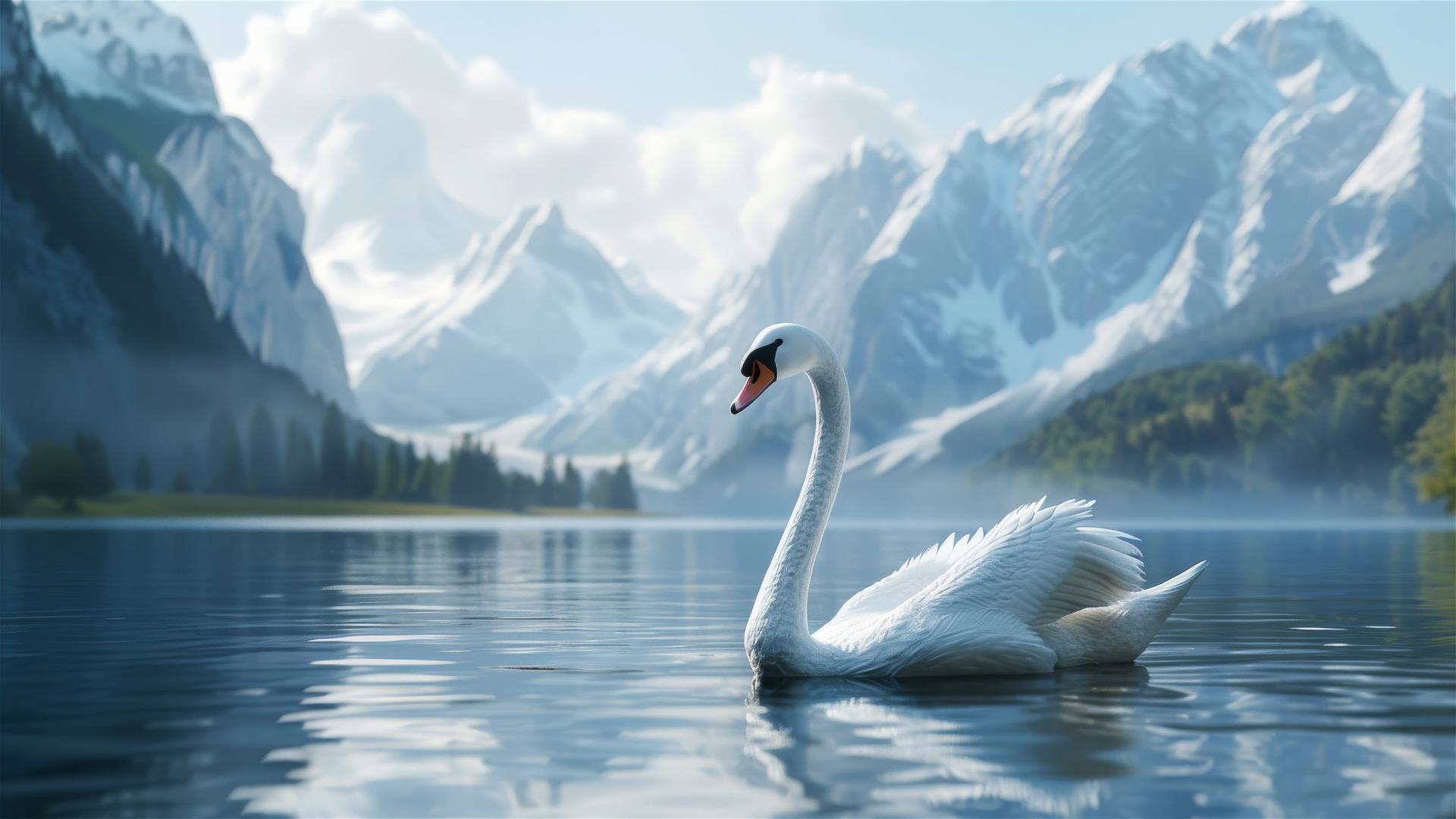 3D ultra-realistic swan on a quiet lake with mountains in the background.
