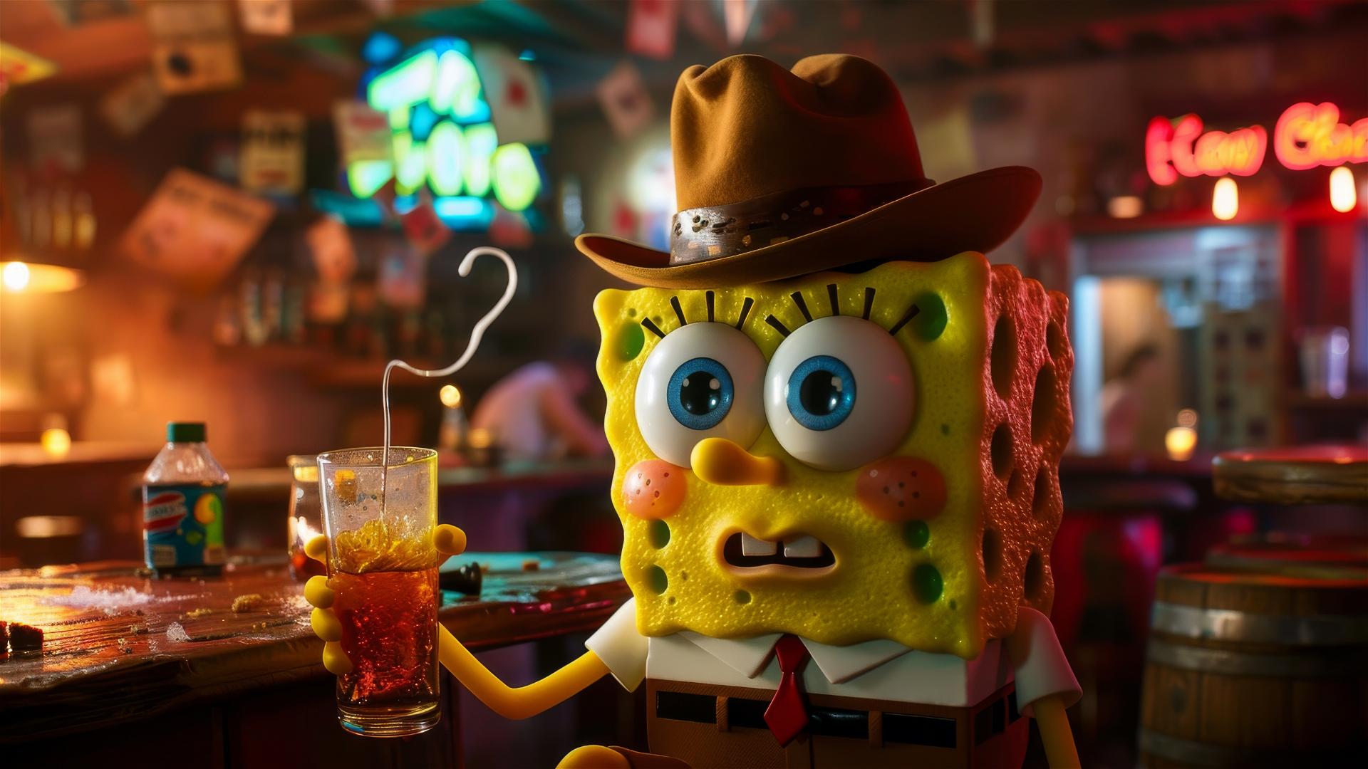 SpongeBob in UK geezer clothes snorting coke in a pub