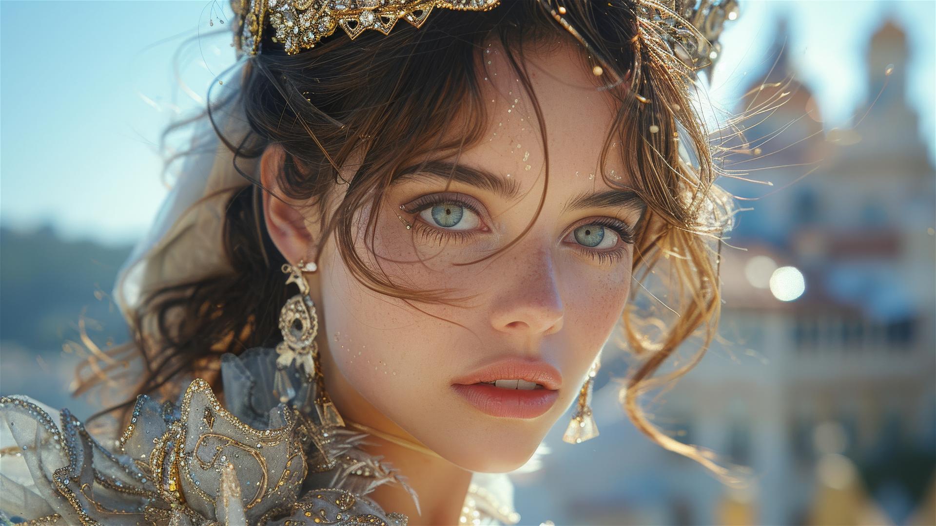 Caucasian female model in detailed Scorpio zodiac outfit by Elie Saab with tiara