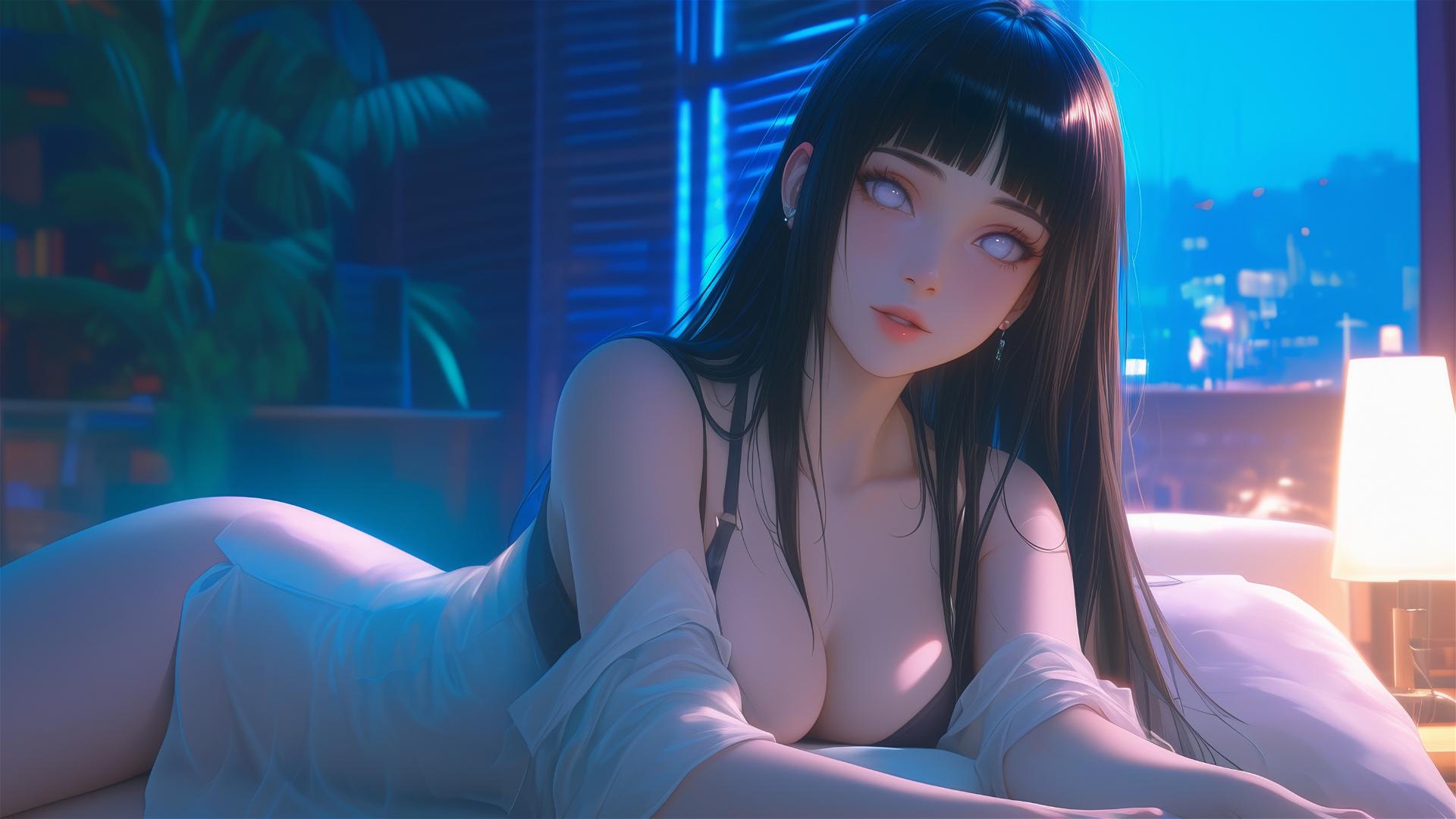 Hinata Hyuga resting in a modern hotel with warm soft lighting and white eyes