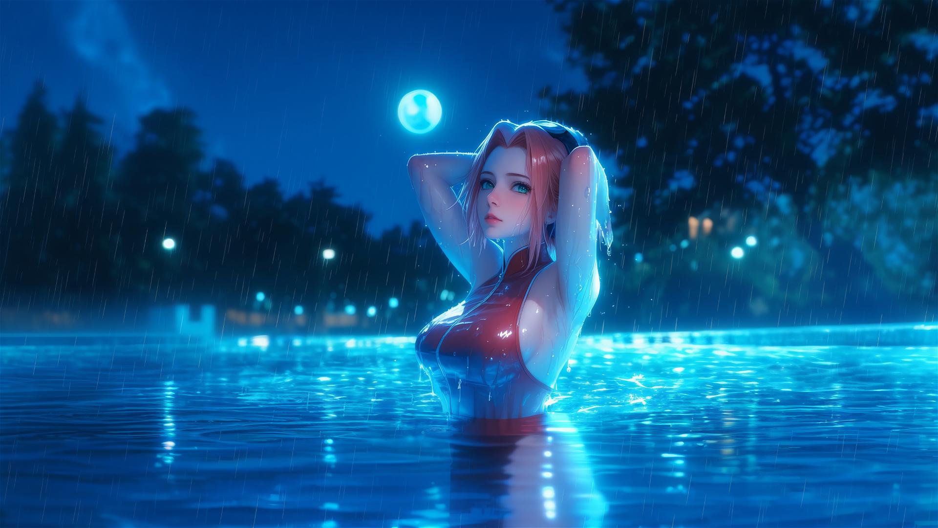 Haruno Sakura standing in a rainy swimming pool under moonlight