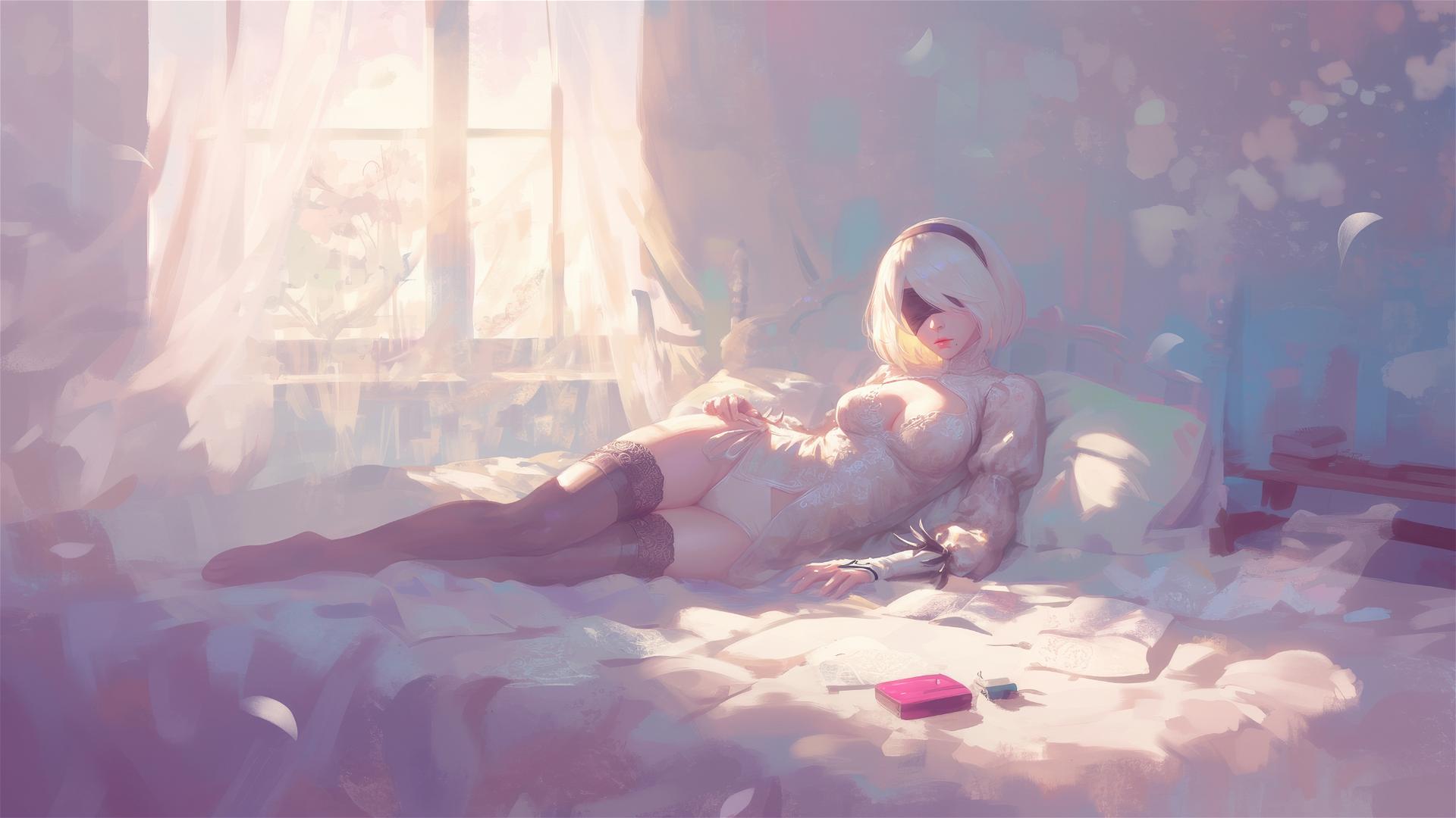 2B from Nier in white modern silk pajamas, resting in an apartment at sunrise