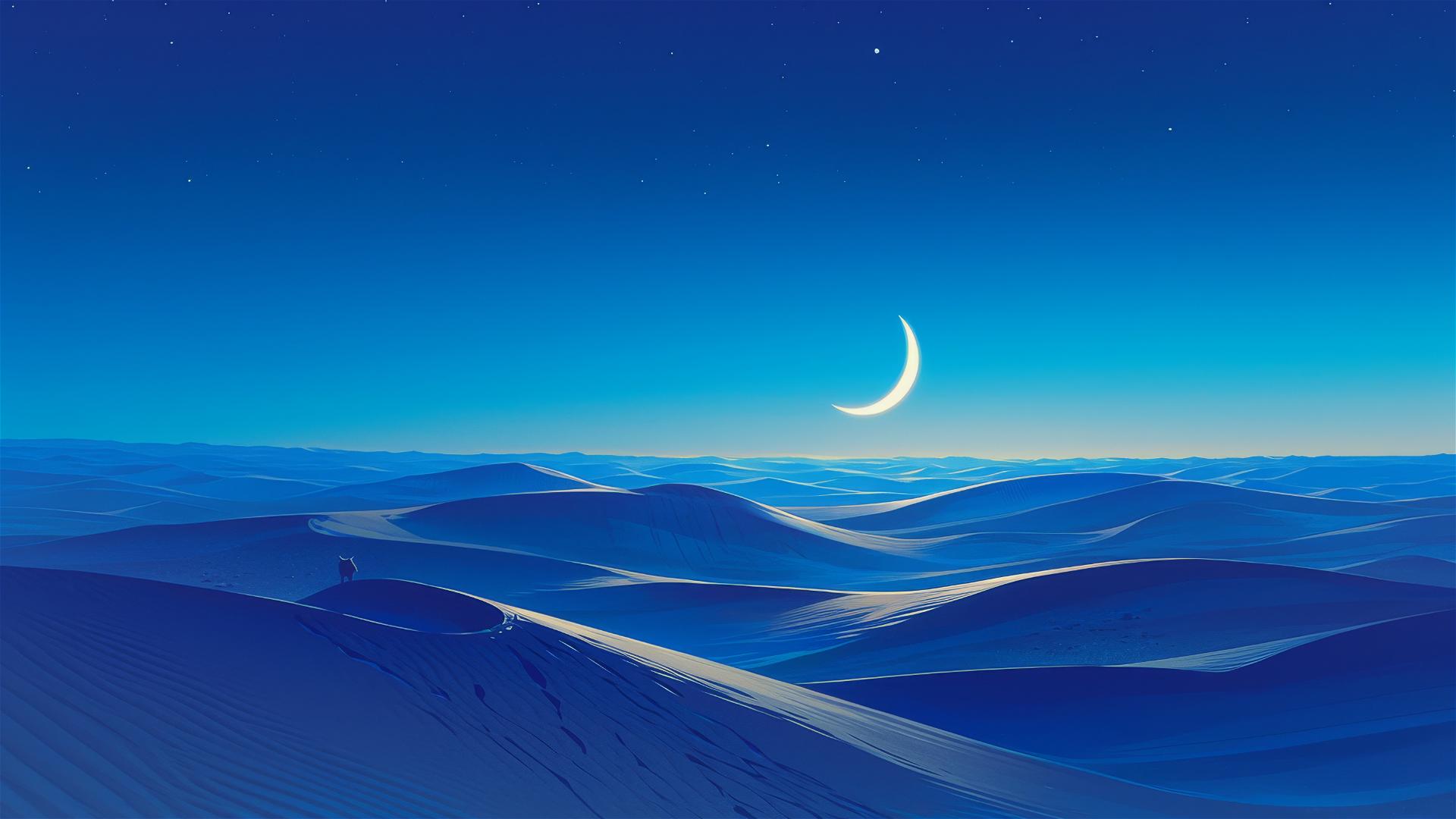 Sweeping desert dunes under a crescent moon with soft shadows