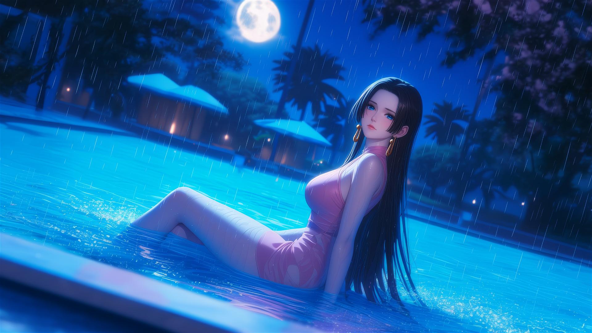 Boa Hancock from One Piece, resting by a rainy pool with moonlight glow.