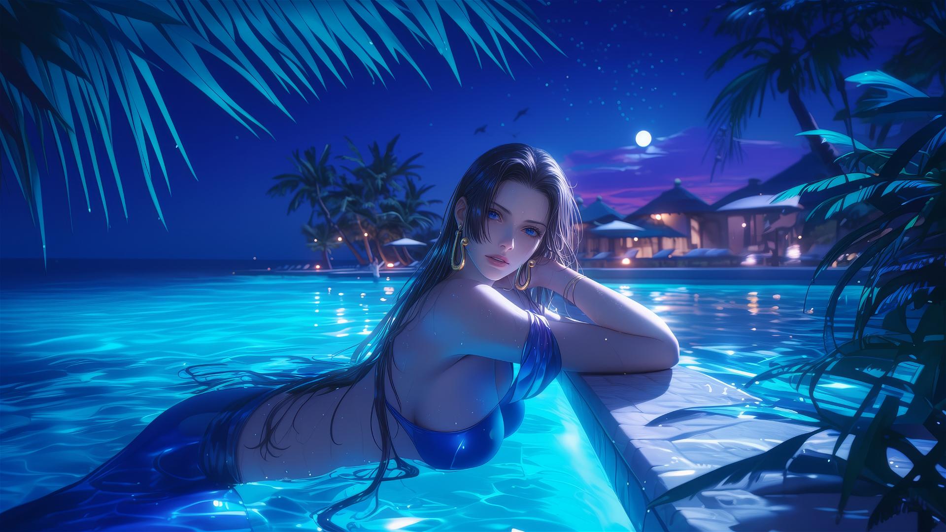 Boa Hancock resting by a pool under moonlight