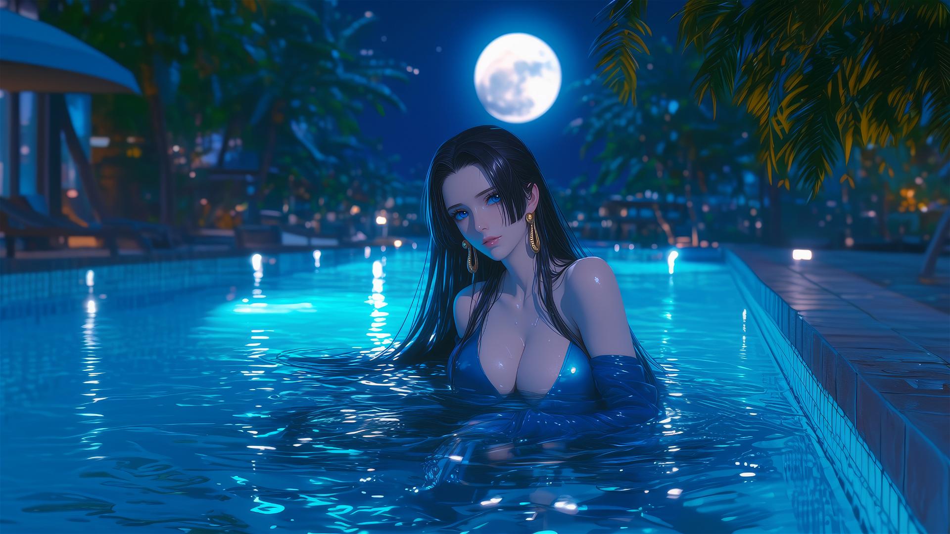 Boa Hancock from One Piece resting in a tub under moonlight