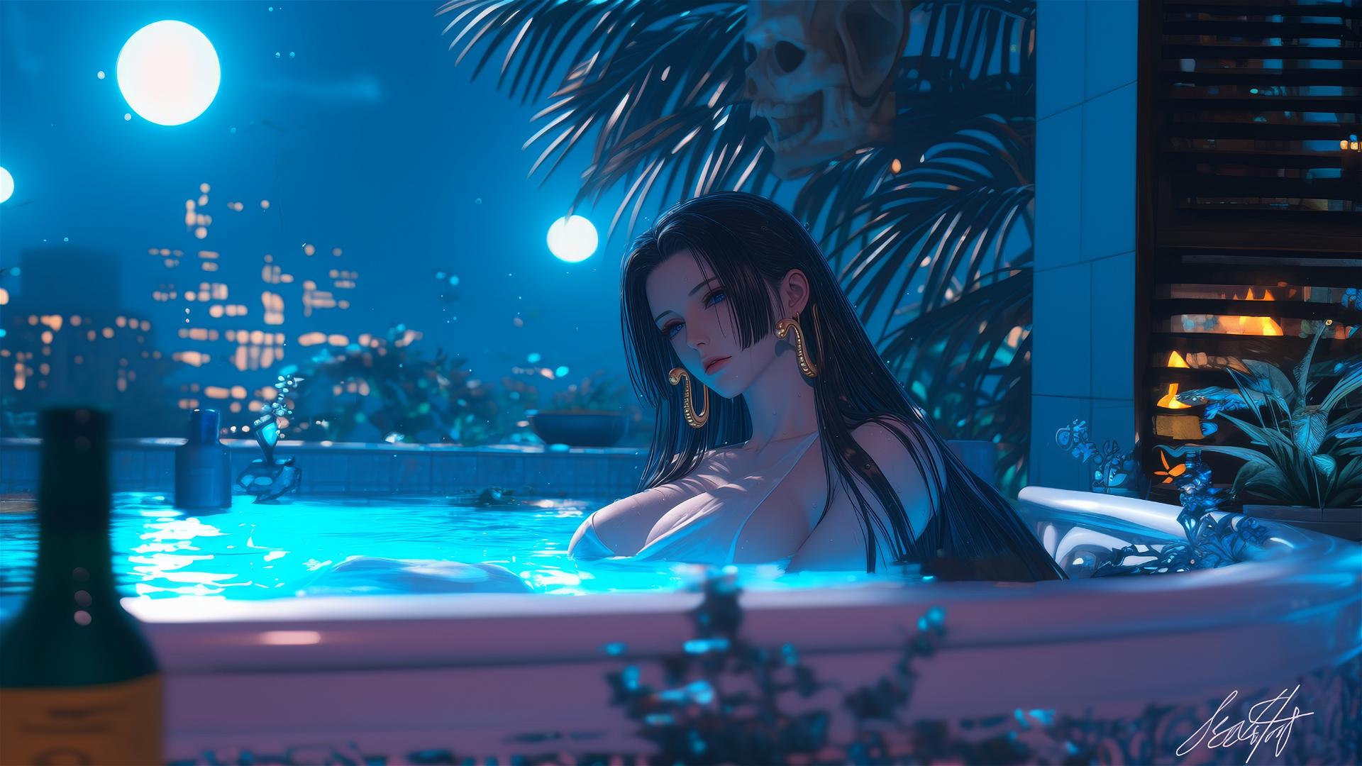 Boa Hancock from One Piece resting in a tub with moonlight glow