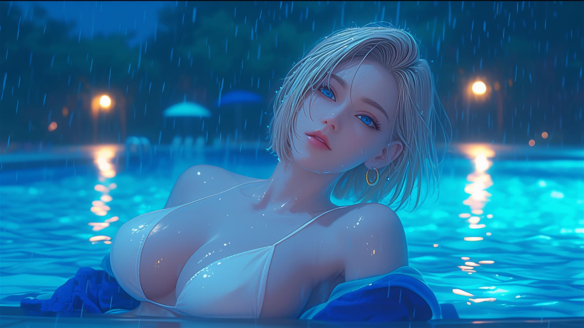 Android 18 from Dragon Ball rests by a rainy pool under moonlight.