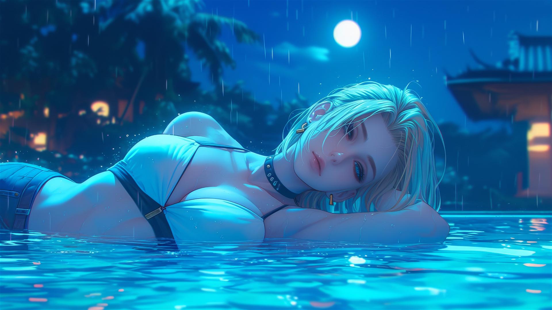 Dragon Ball Android 18 rests by a rainy swimming pool under moonlight