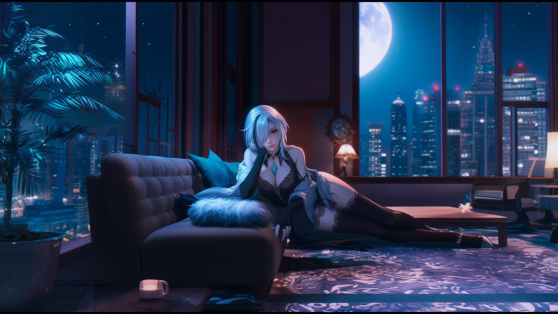 Arlecchino from Genshin Impact, snow white hair, black streaks, black irises, red X-shaped pupil, resting in modern hotel room, moonlight glow