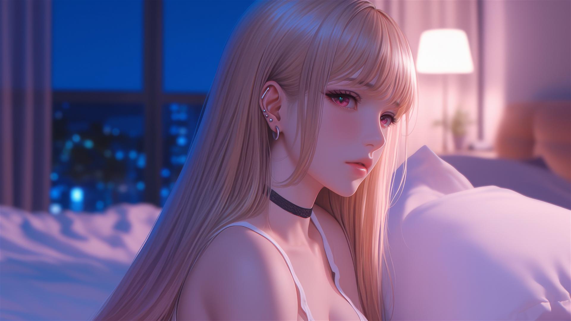 Marin Kitagawa sitting on a hotel bed with moonlight glow, silky blonde hair with pink tips, pinkish eyes.
