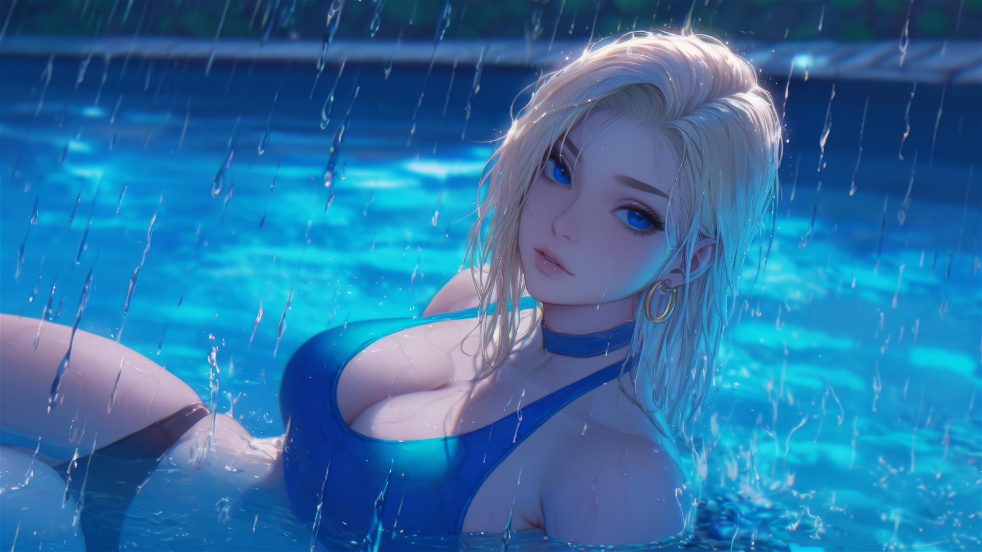 Android 18 resting by a rainy swimming pool