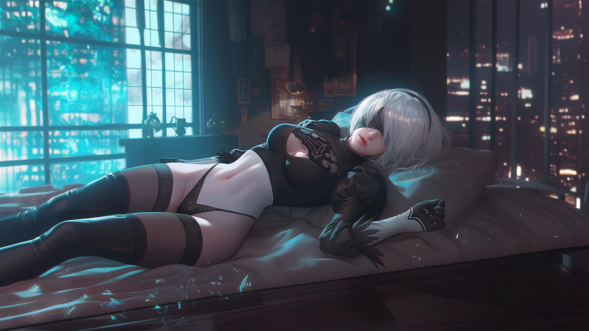 2B from Nier resting in a modern hotel room with moonlight glow