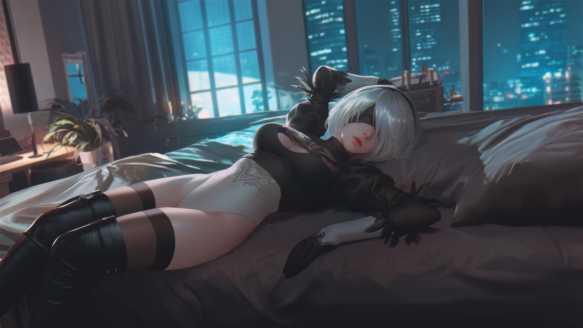 2B from Nier, resting in a modern hotel room under moonlight