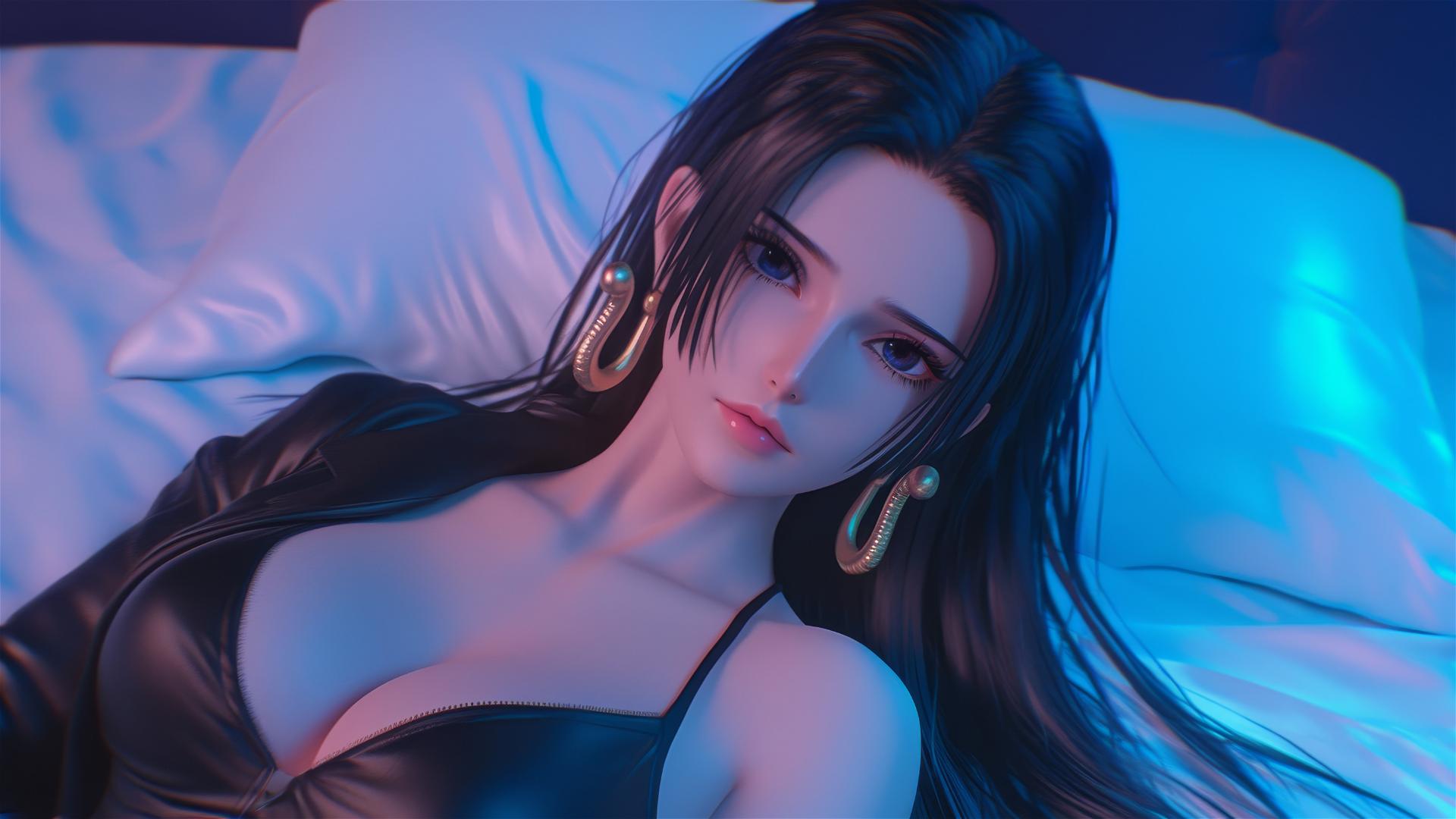 Boa Hancock from One Piece in bed wearing black and pink leather with neon colors