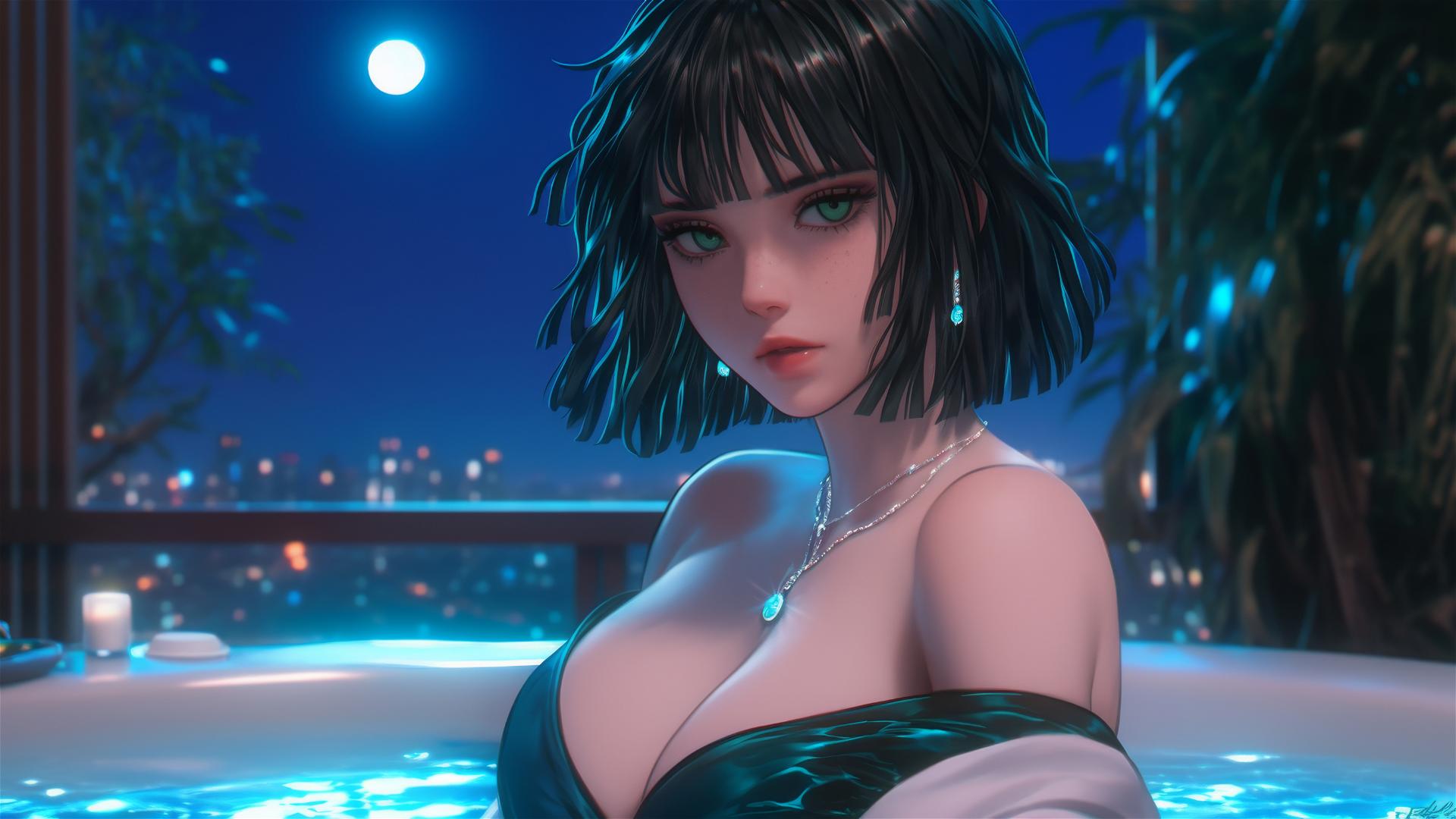 Fubuki from One Punch Man resting in a tub with moonlight glow.