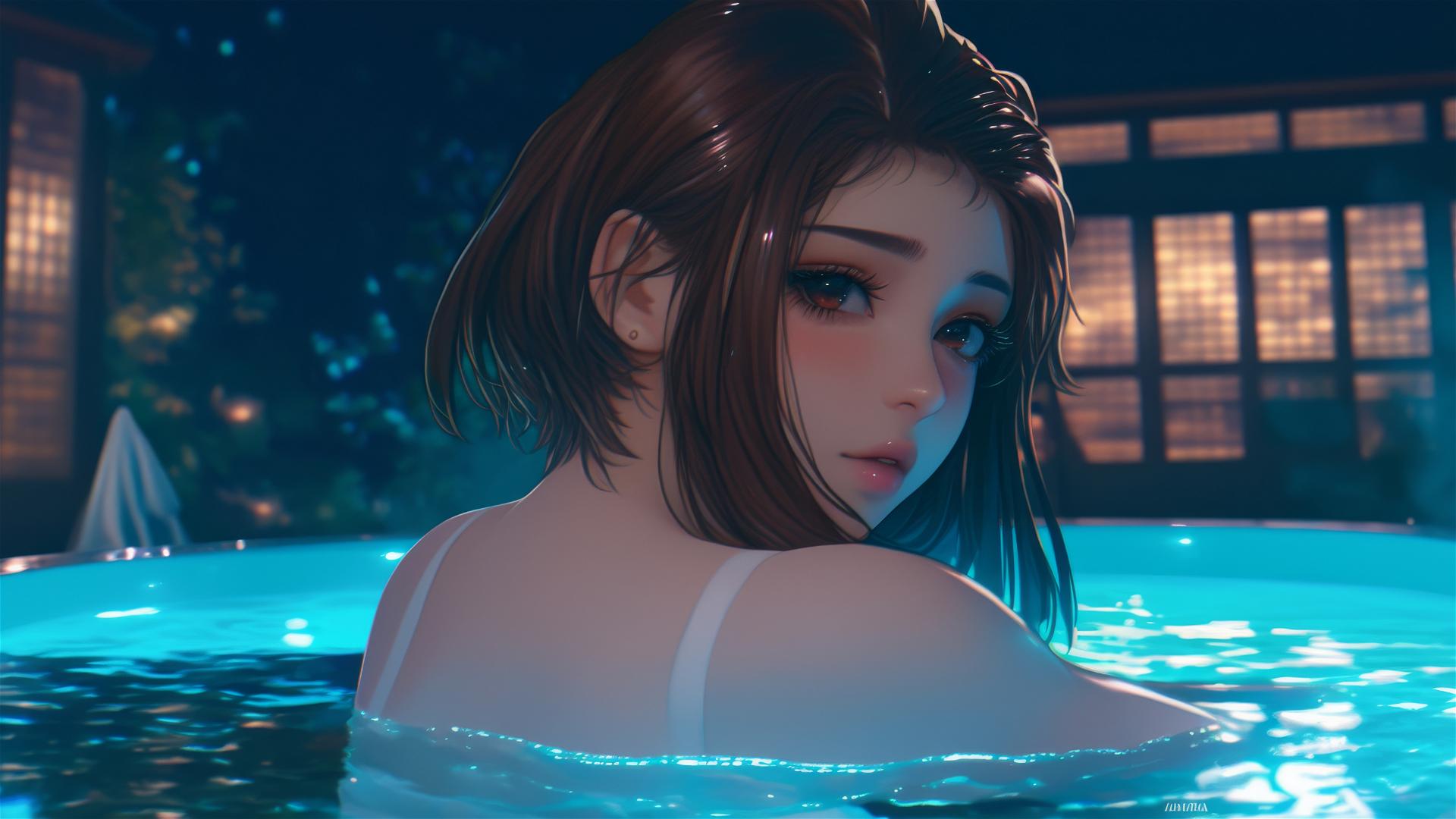 Ochaco Uraraka relaxing in a tub with warm light casting a soft glow.