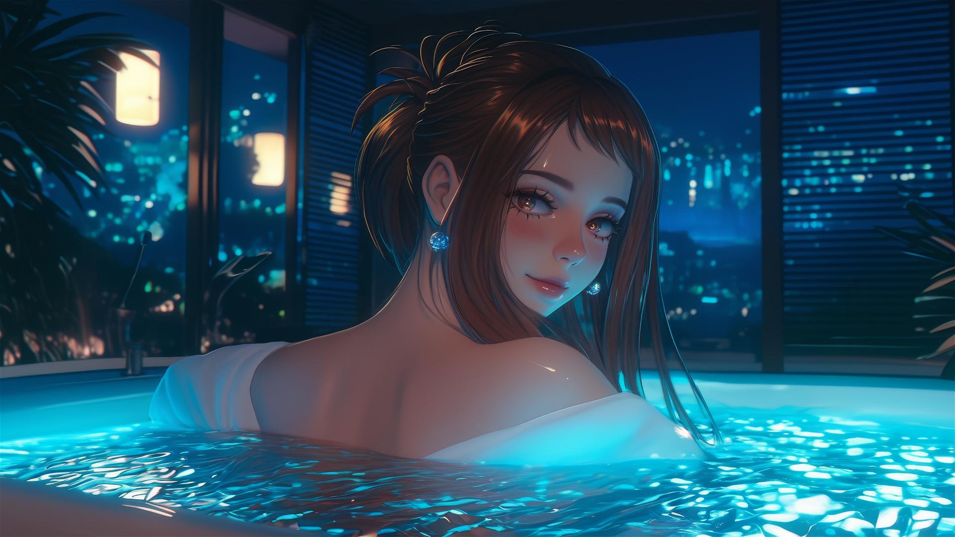 Ochaco Uraraka resting in a bathtub with warm light, auburn hair and eyes.