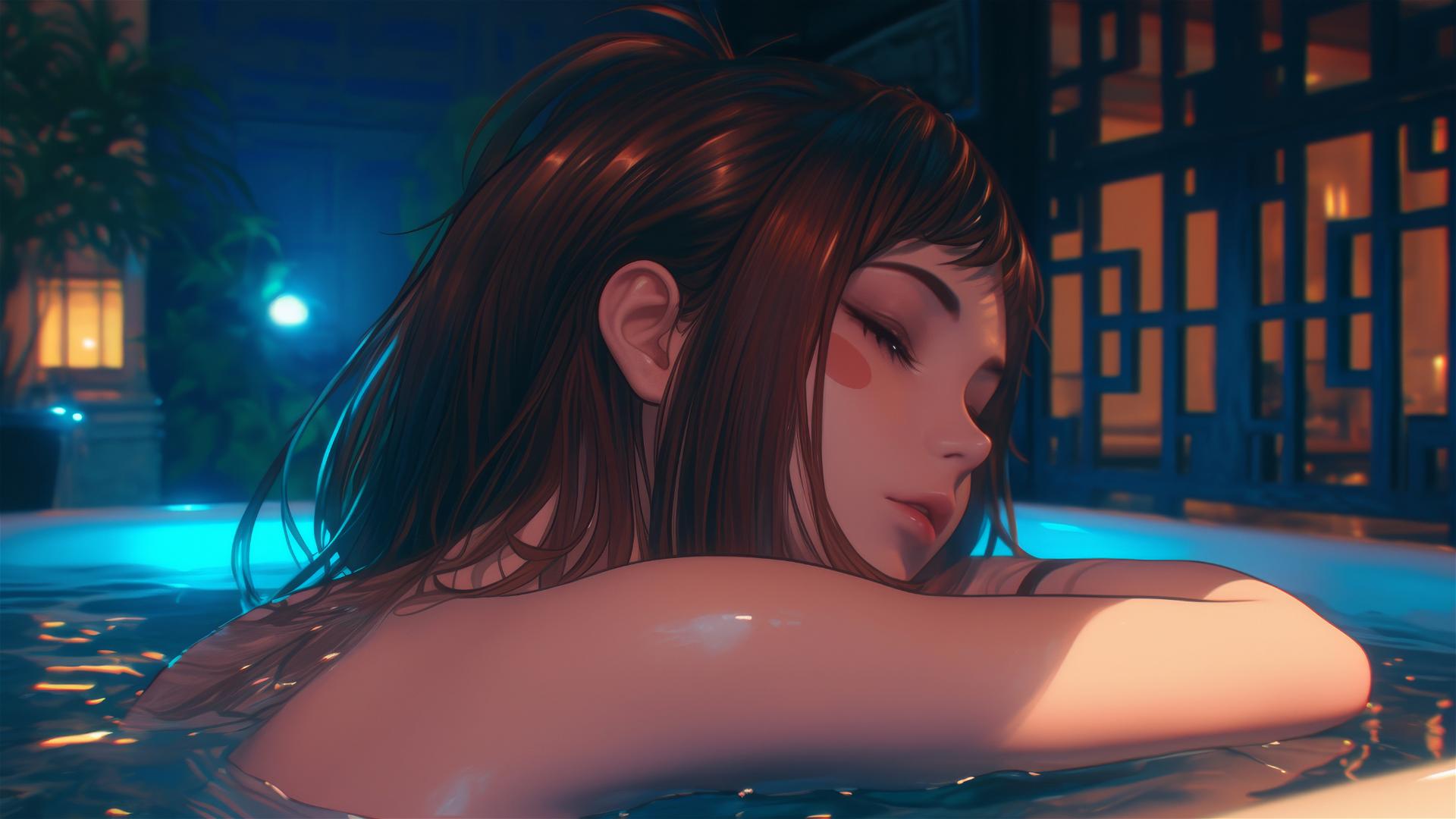 Ochaco Uraraka resting in a tub with warm light, auburn hair and eyes, pink blush.