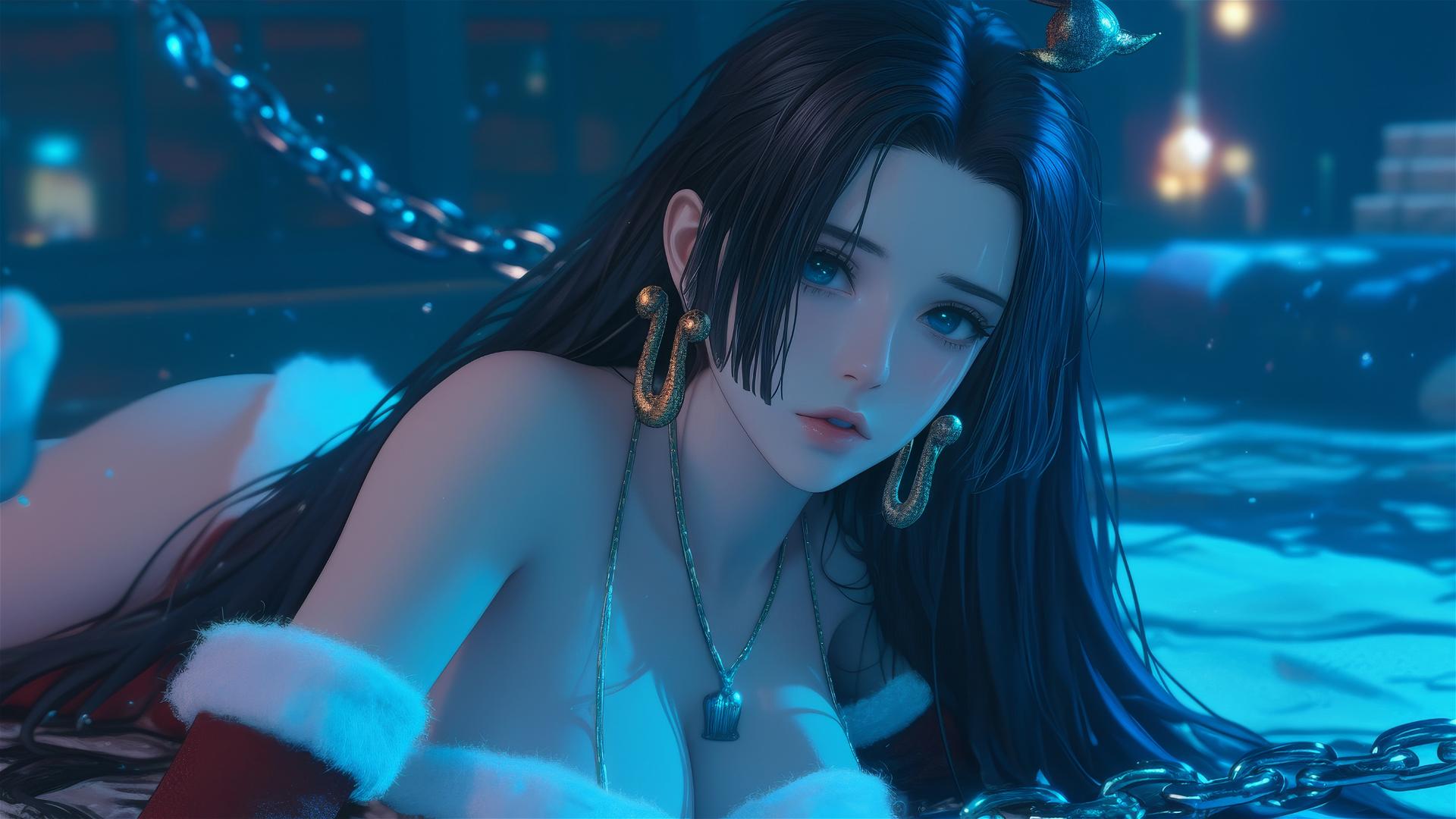 Boa Hancock in Christmas costume chained in a hotel room with neon lighting