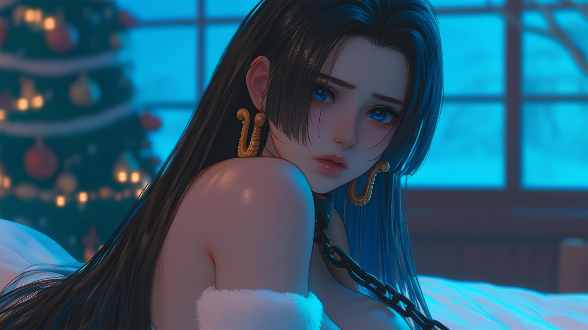 Boa Hancock in a Christmas costume, chained, in a neon-lit hotel room.