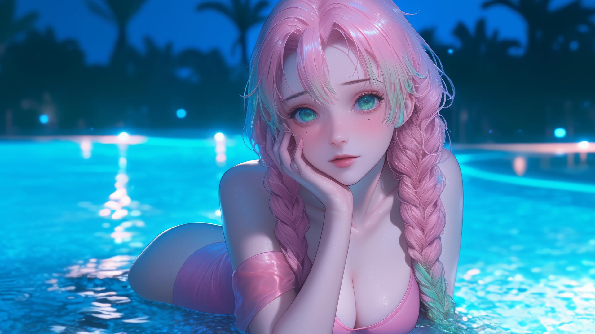 Mitsuri Kanroji resting by rainy pool, moonlight glow, pink dress, green-pink hair