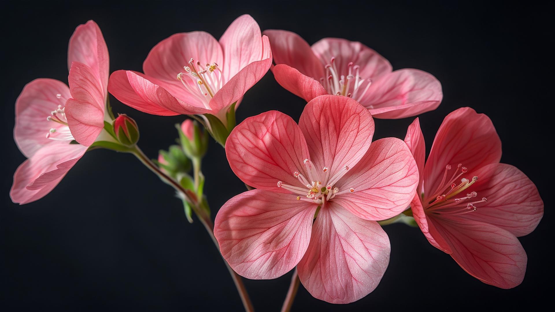 Pink six-petal wildflowers chain in full bloom, isolated on black.