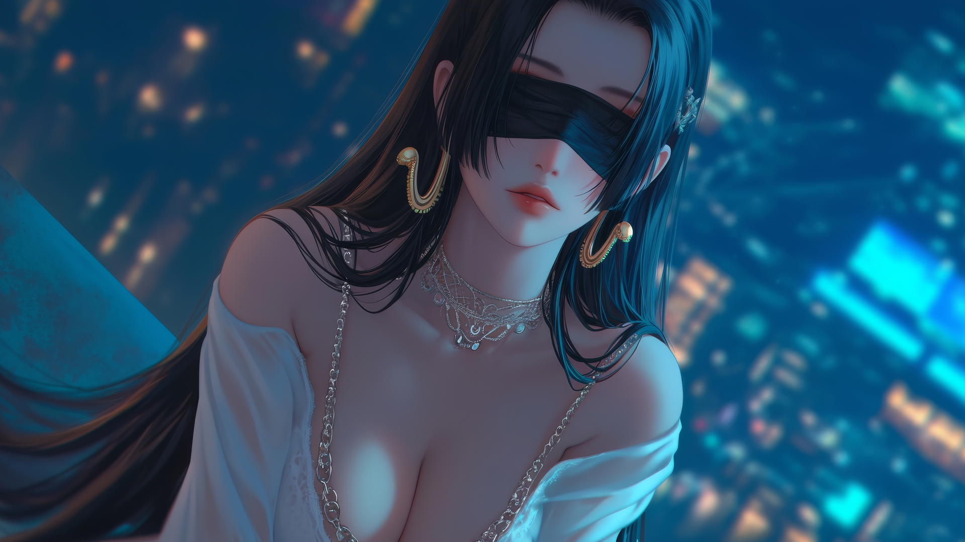 Boa Hancock blindfolded and kneeling, neon-lit modern hotel room, soft glow